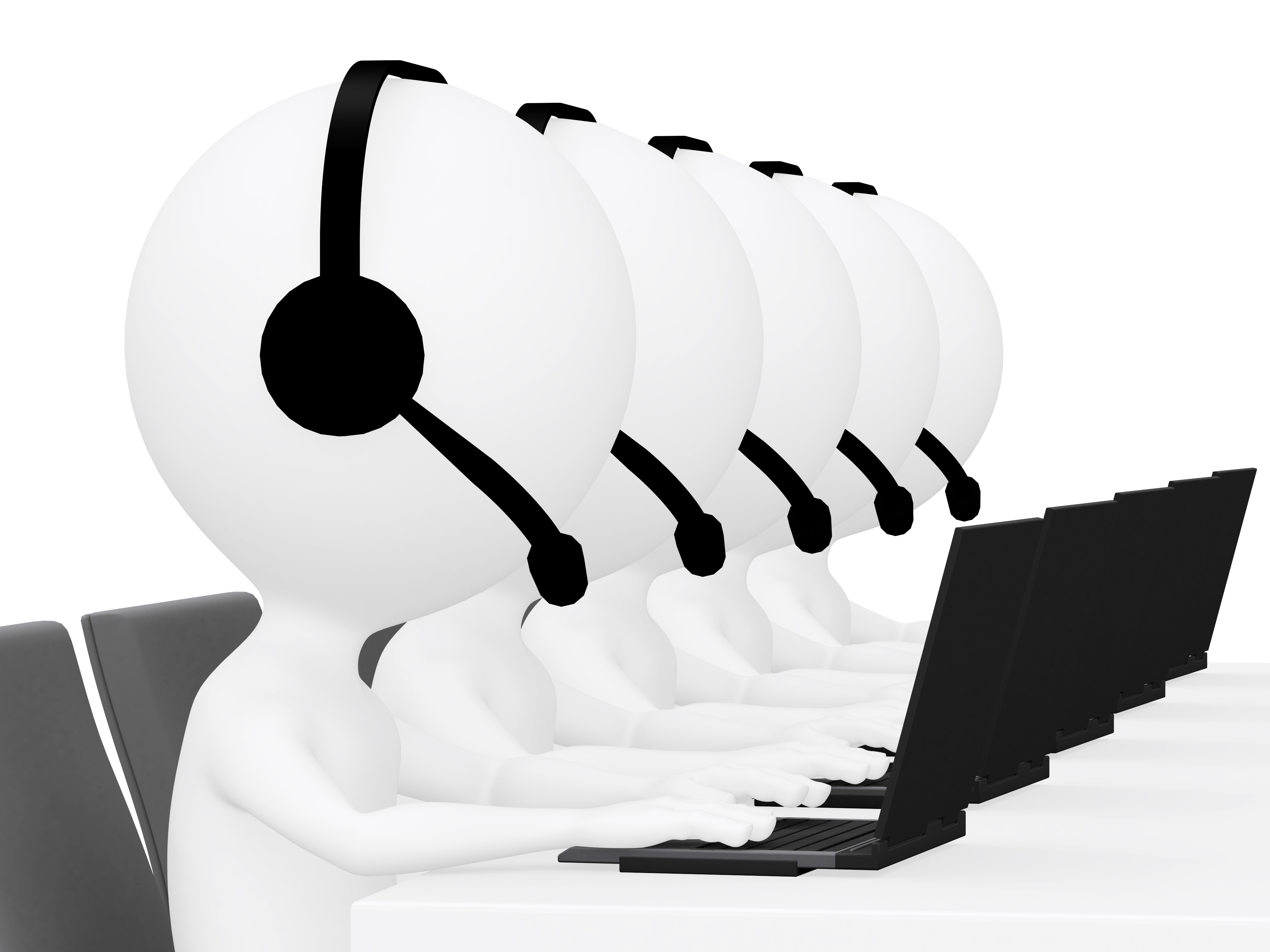 Faceless white figures wearing headsets, sitting at a table with computers